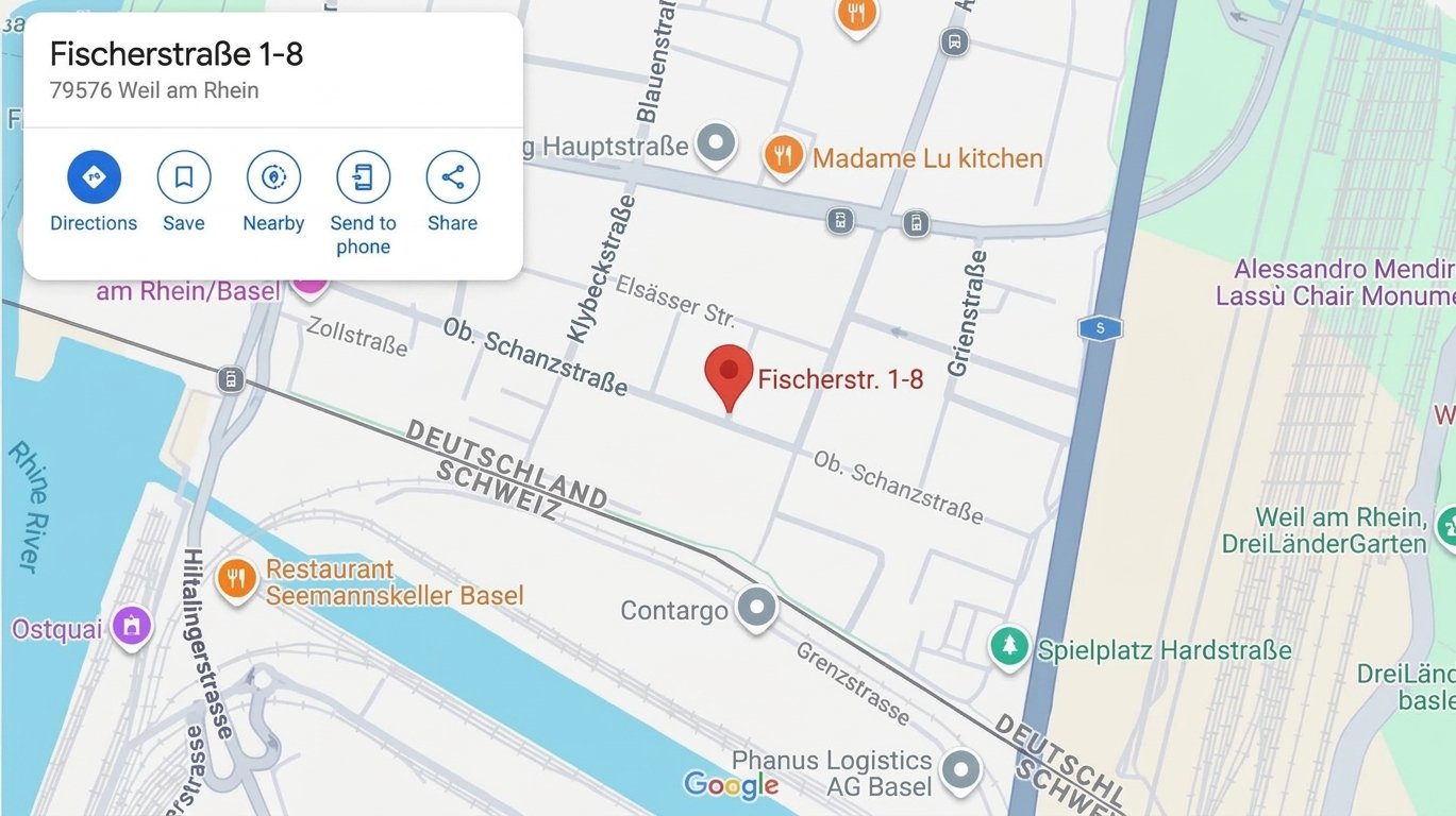 Kartenausschnitt: Fischerstraße in Weil am Rhein, nahe der Schweizer Grenze und dem Rhein