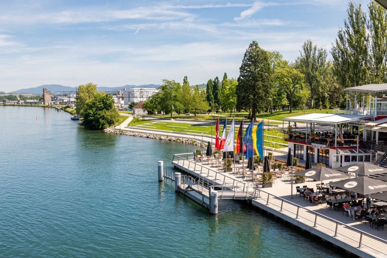Rheinpark mit Uferpromenade an der Dreiländerbrücke